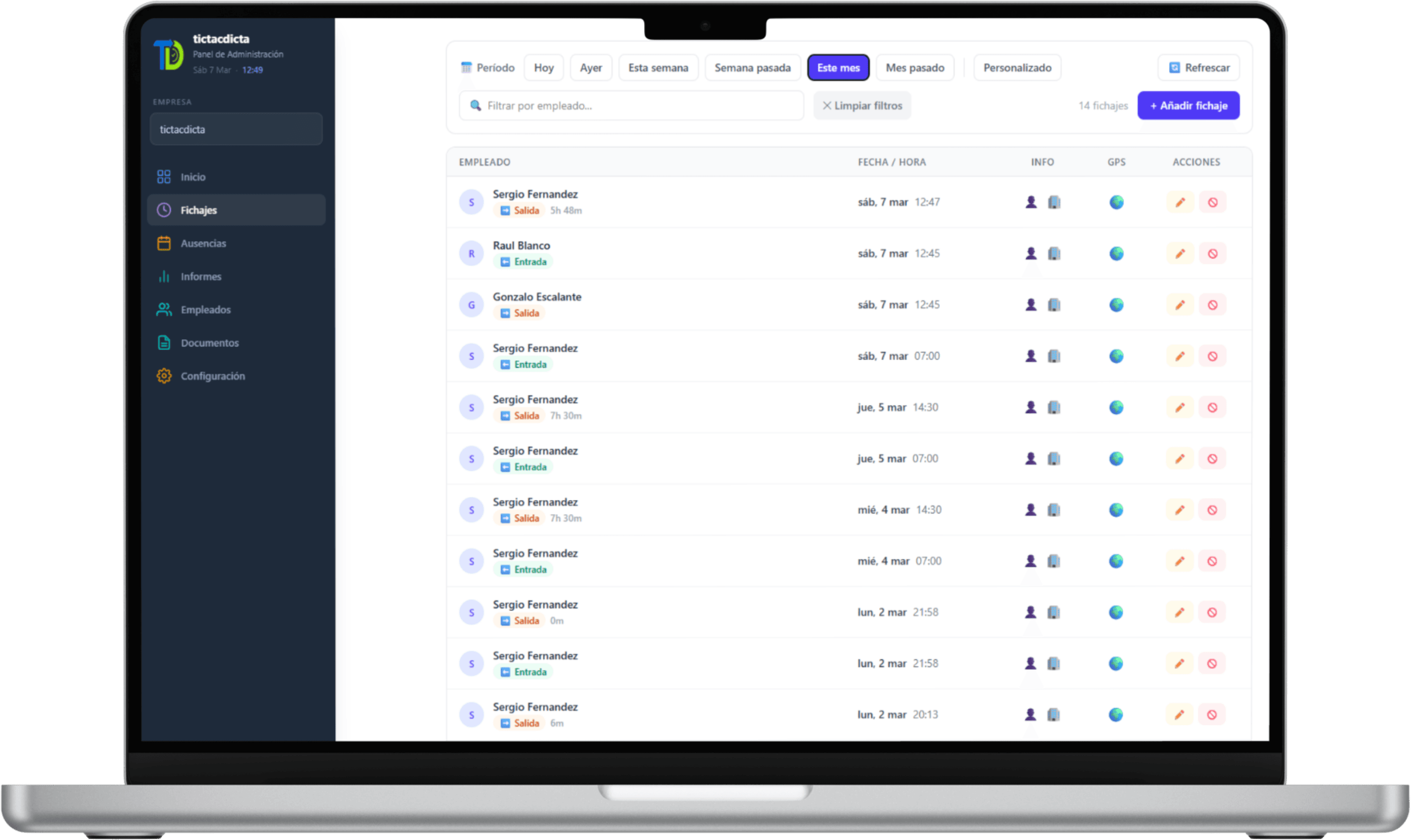 Panel de administración de Tictacdicta — software de control horario digital para pymes con fichajes en tiempo real