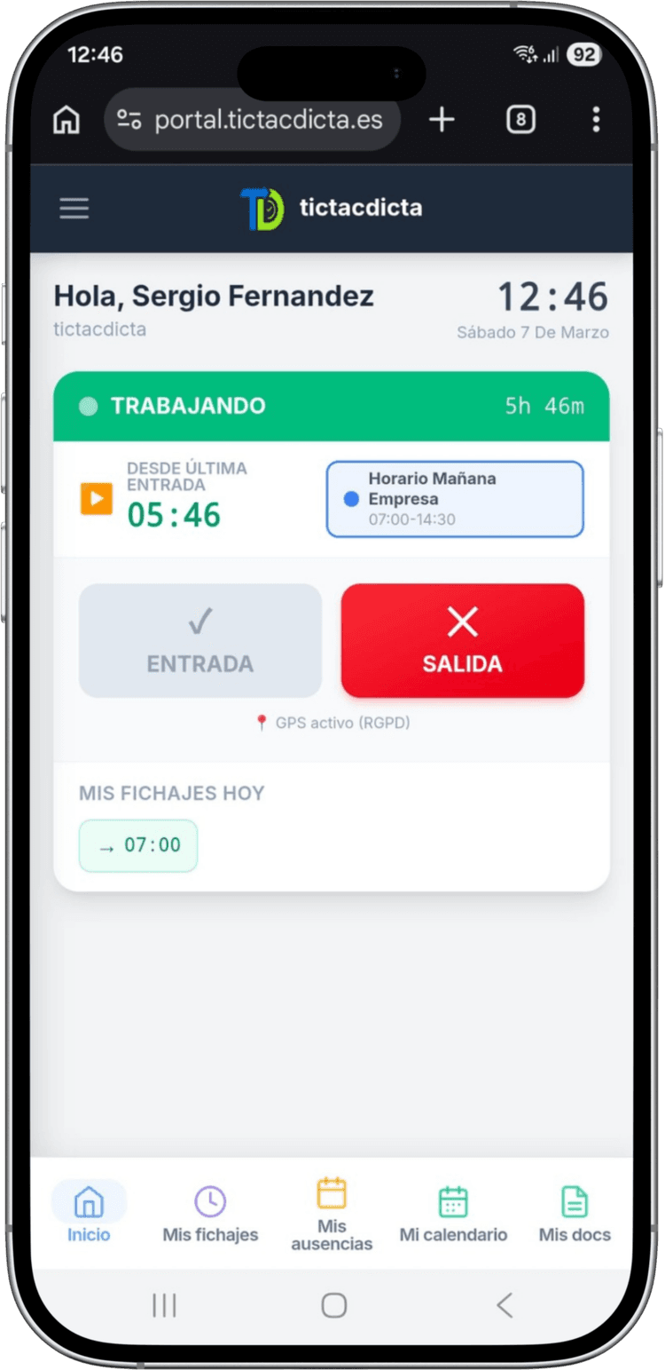 App de fichaje digital desde móvil — pantalla de inicio del portal del empleado de Tictacdicta