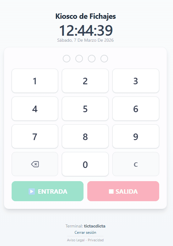 Modo kiosco de fichaje en tablet con PIN para obras, talleres y almacenes — terminal de control horario